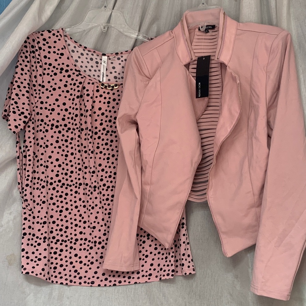Pink Faux Leather Moto Jacket with Polka Dot Top - Women's Jacket & Coat